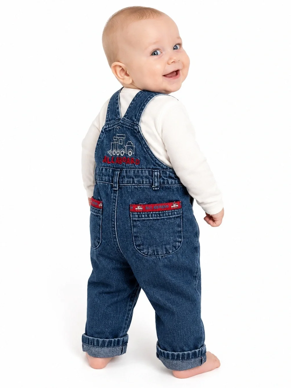 Vintage Y2K Koala Baby 3-6M Denim Train Overalls Embroidered Halloween Costume